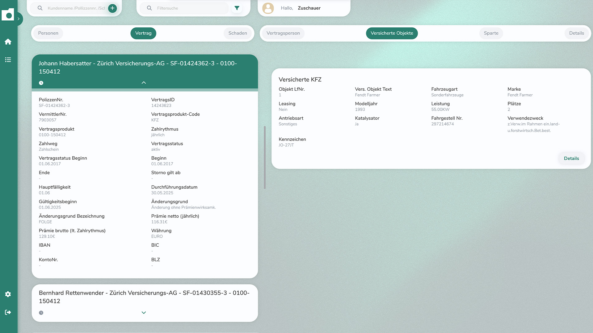 OMDS-Vertragsübersicht mit Polizzendaten und versichertem KFZ im OnlineOrdner