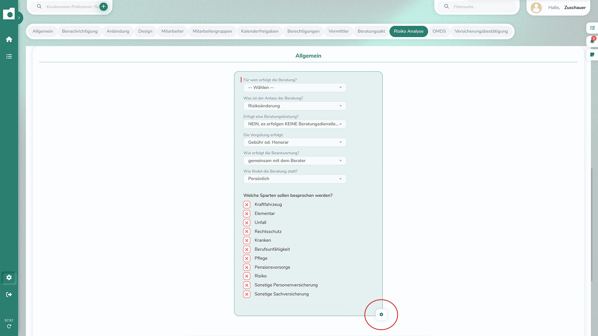 Allgemeiner Abschnitt der Risikoanalyse mit Angaben zur Beratungsart sowie Auswahl der zu besprechenden Versicherungssparten