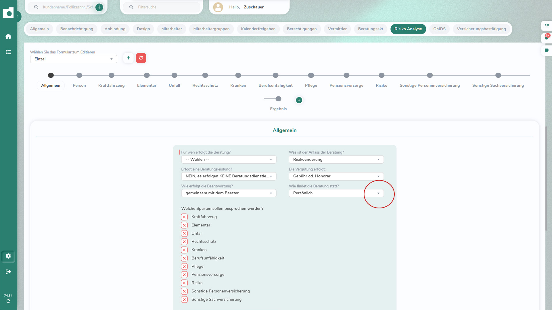 Allgemeiner Abschnitt der Risikoanalyse mit Angaben zu Beratungsart, Vergütung und besprochenen Versicherungssparten