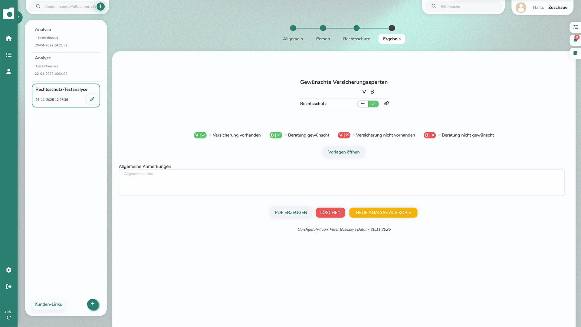 Abschlussseite einer Risikoanalyse mit ausgewählter Versicherungssparte, Beratungsvermerk und PDF-Exportoption