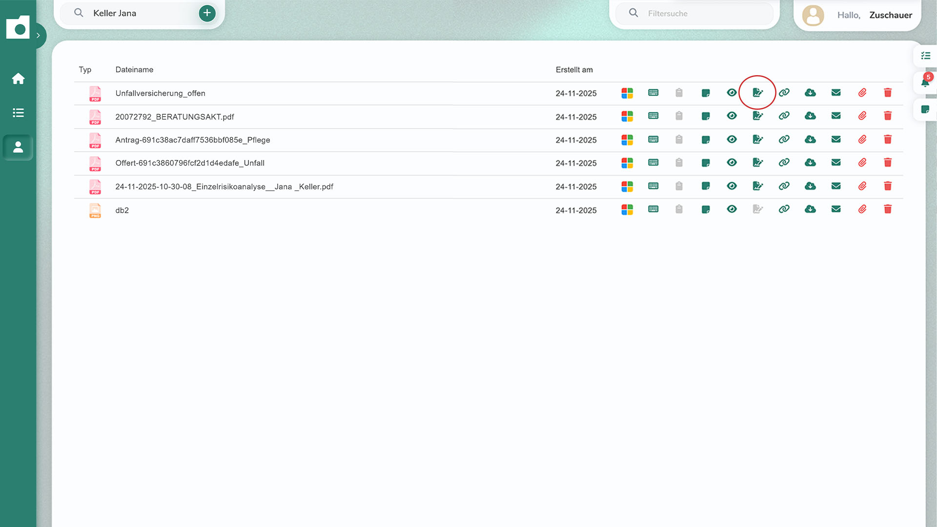 Dokumentenübersicht im OnlineOrdner mit hervorgehobener Funktion zur digitalen Signatur