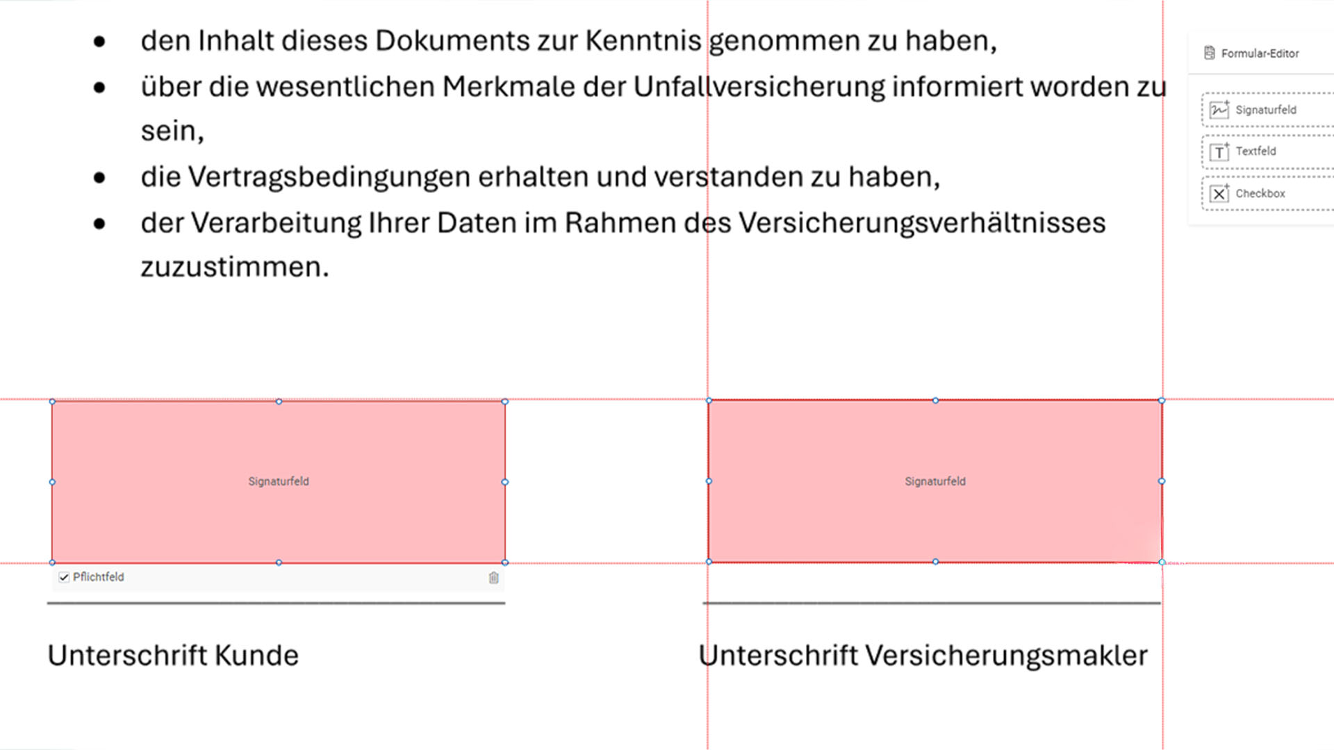 Platzierung von Signaturfeldern in einem Versicherungsdokument für Kunde und Makler