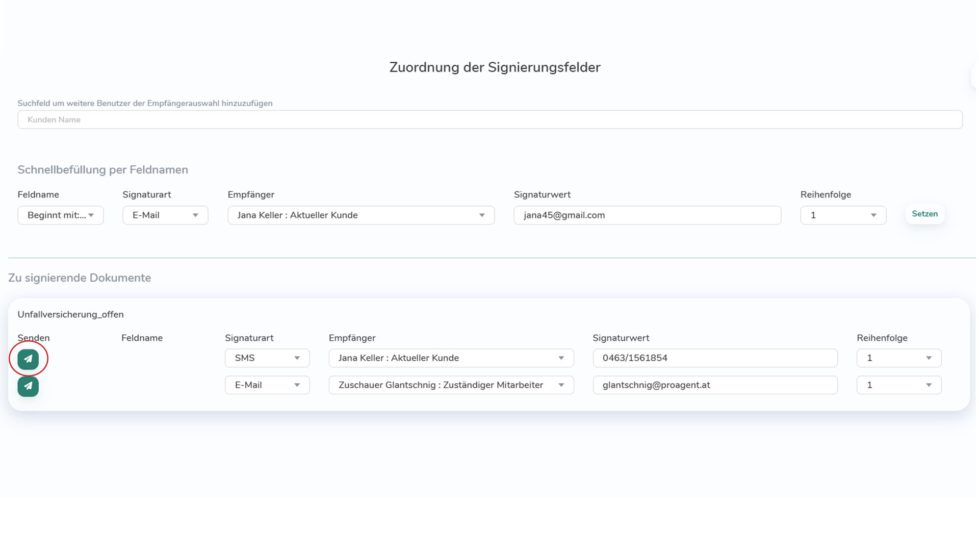 Übersicht zur Zuordnung von Signaturfeldern mit Empfänger, Signaturart und Reihenfolge vor dem Versand eines Dokuments
