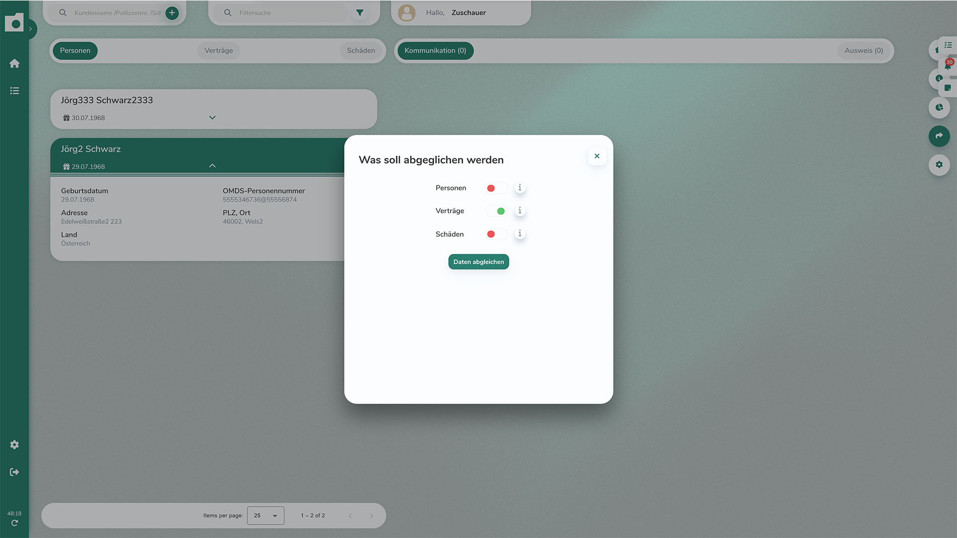 Dialog zum OMDS-Datenabgleich für Personen, Verträge und Schäden im OnlineOrdner