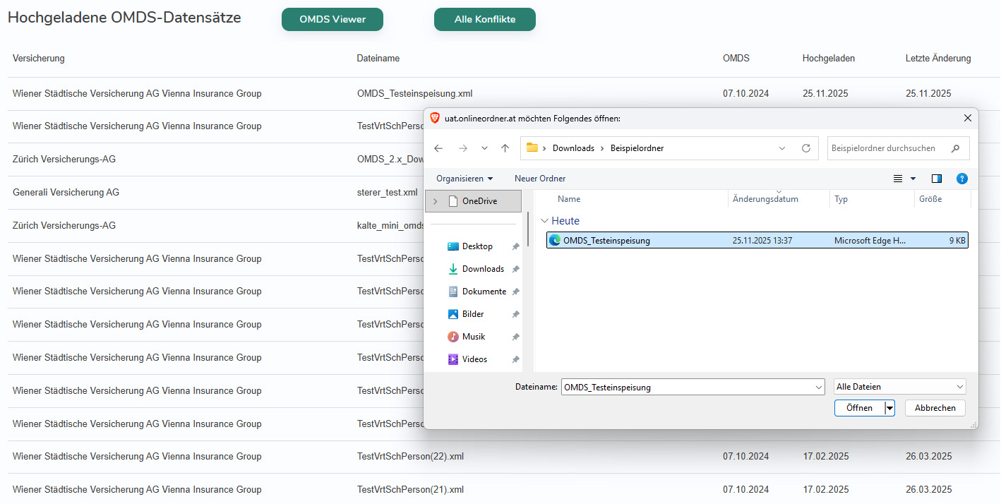 OMDS-Datenimport im OnlineOrdner mit Dateiauswahl für XML-Bestandsdateien