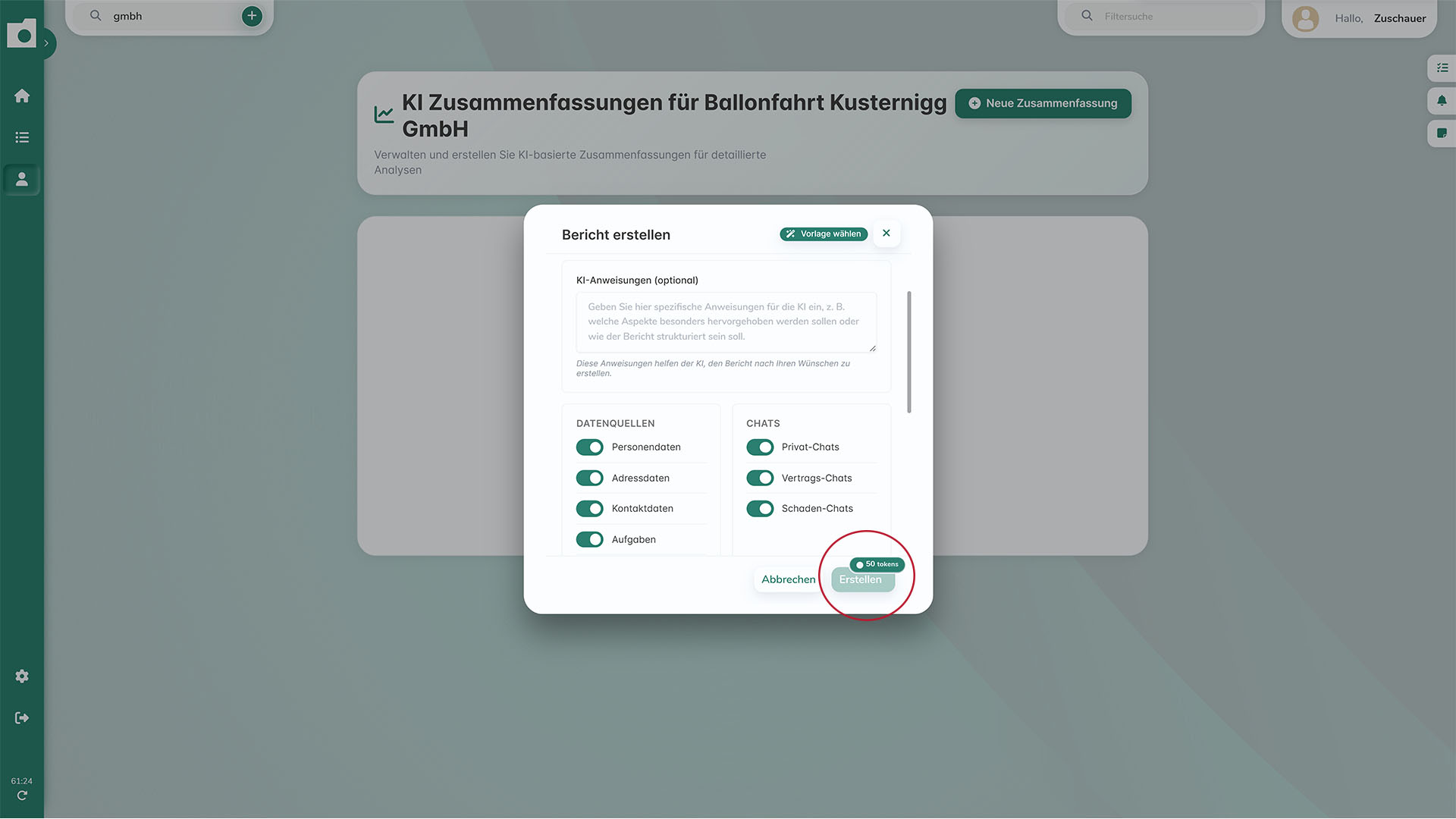 Dialog zur Erstellung eines KI-Berichts mit Auswahl von Datenquellen, Chats und individuellen KI-Anweisungen