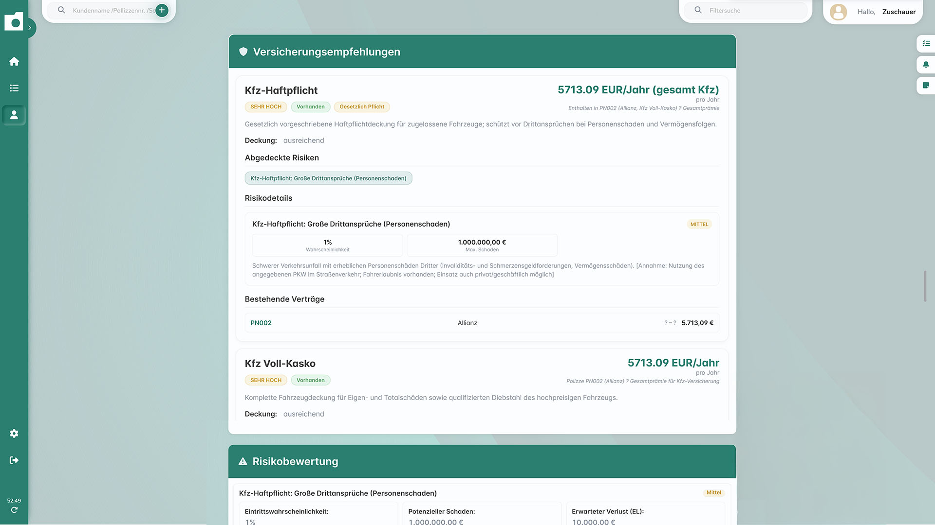 Versicherungsempfehlungen im OnlineOrdner mit Kfz-Haftpflicht, Vollkasko, Prämienübersicht und Risikobewertung