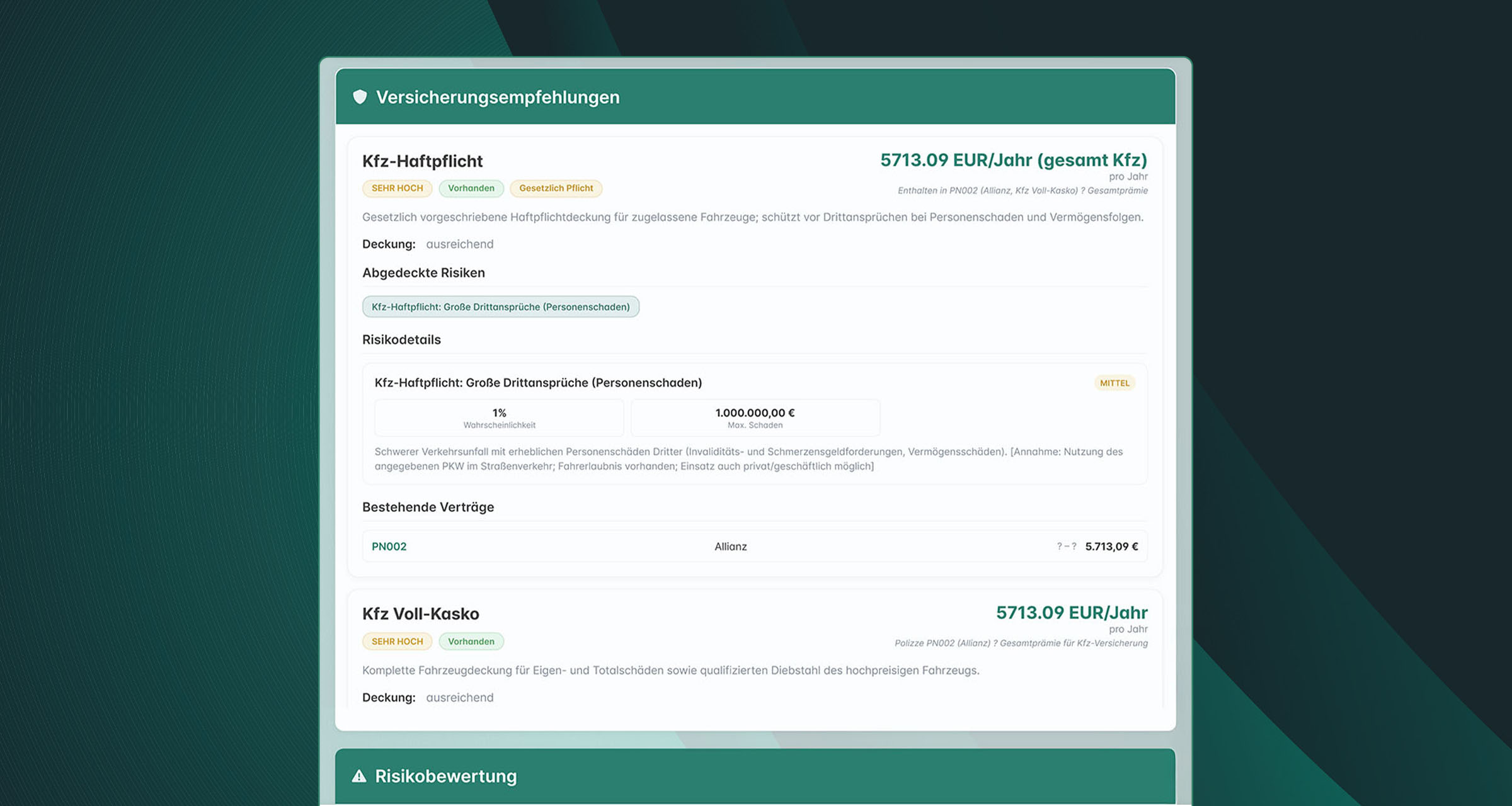 KI-gestützte Versicherungsempfehlungen mit Risikobewertung, Schadenswahrscheinlichkeit und bestehender Deckung