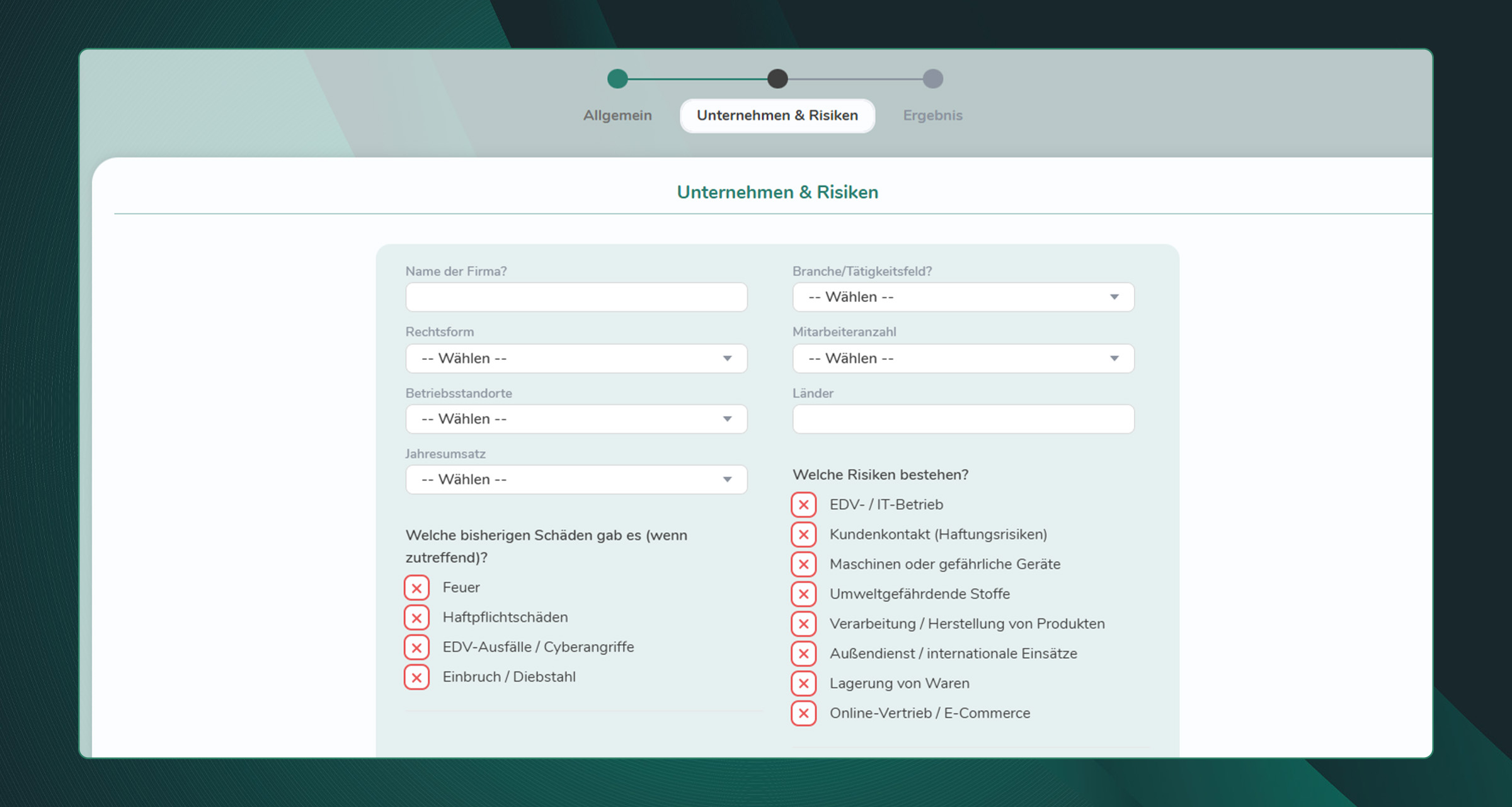 Formular zur Risikoanalyse für Unternehmen mit Angaben zu Branche, Rechtsform und betrieblichen Risiken