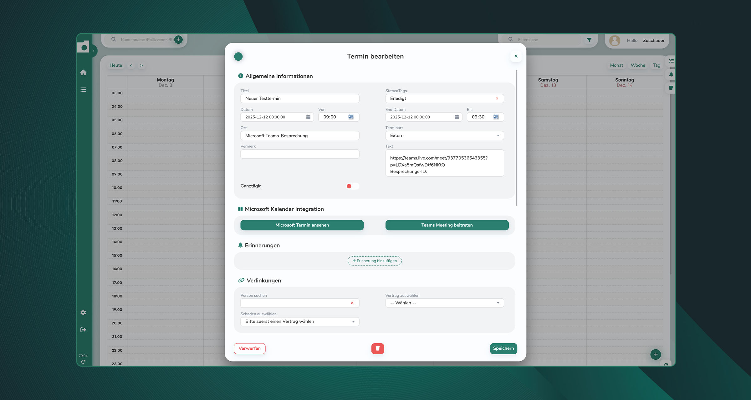 Maske zur Bearbeitung eines Termins im OnlineOrdner mit automatischer Synchronisierung zu Microsoft Outlook und Microsoft Teams
