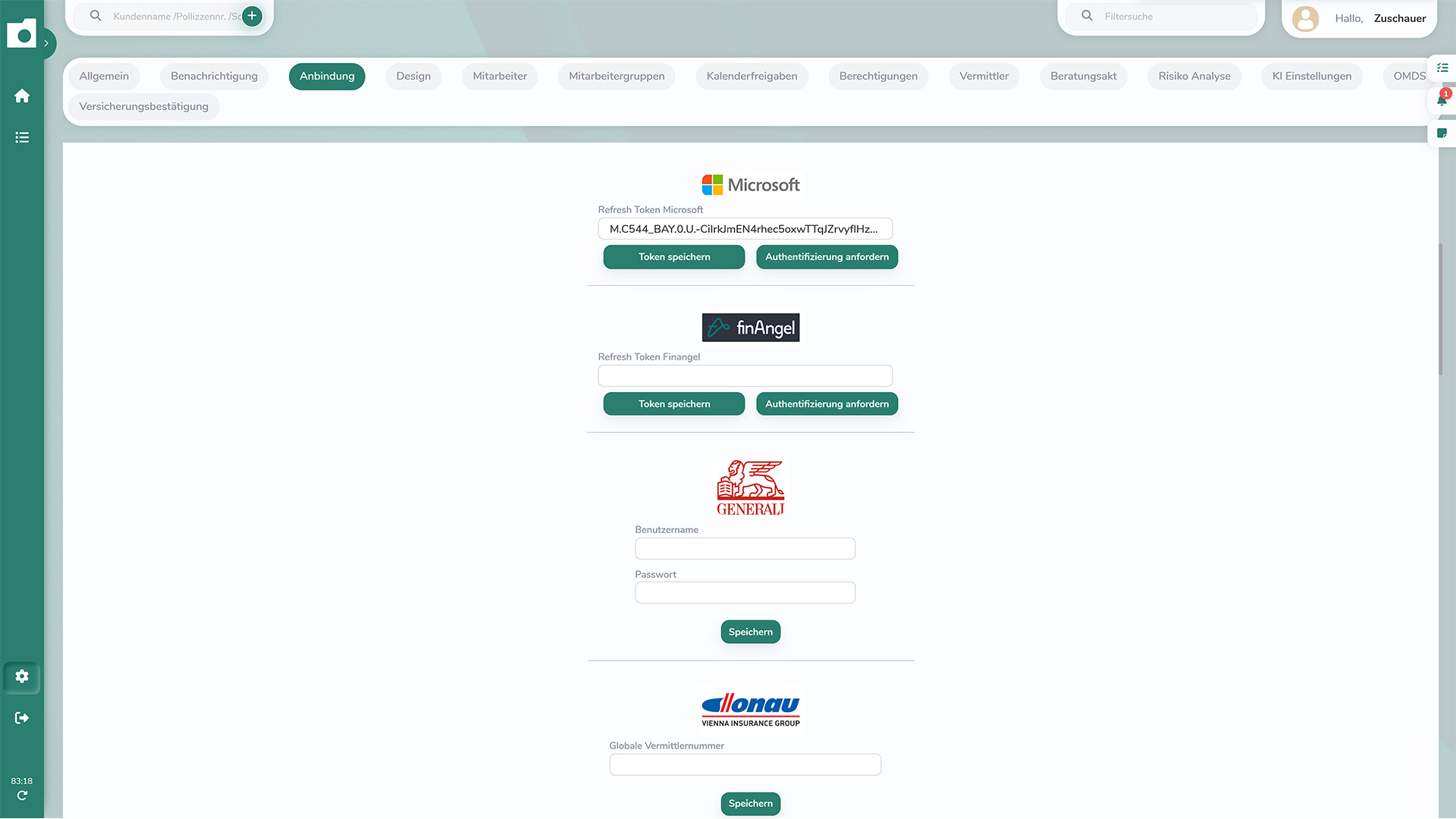 Anbindungsübersicht im OnlineOrdner zur Verbindung mit Microsoft, Versicherern und externen Systemen über Tokens und Zugangsdaten
