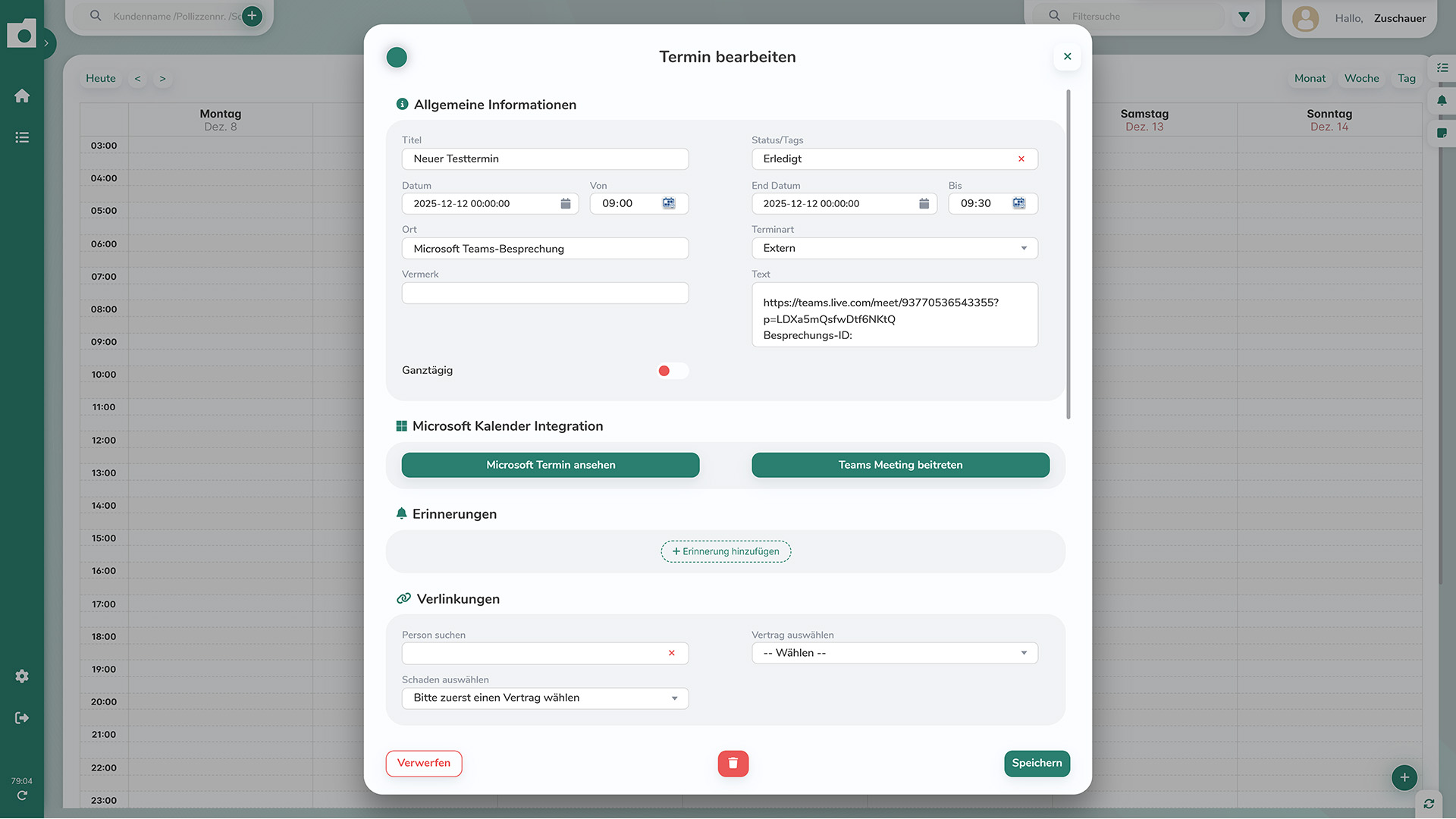 Terminbearbeitung im OnlineOrdner mit Microsoft-Kalender-Integration und Teams-Meeting