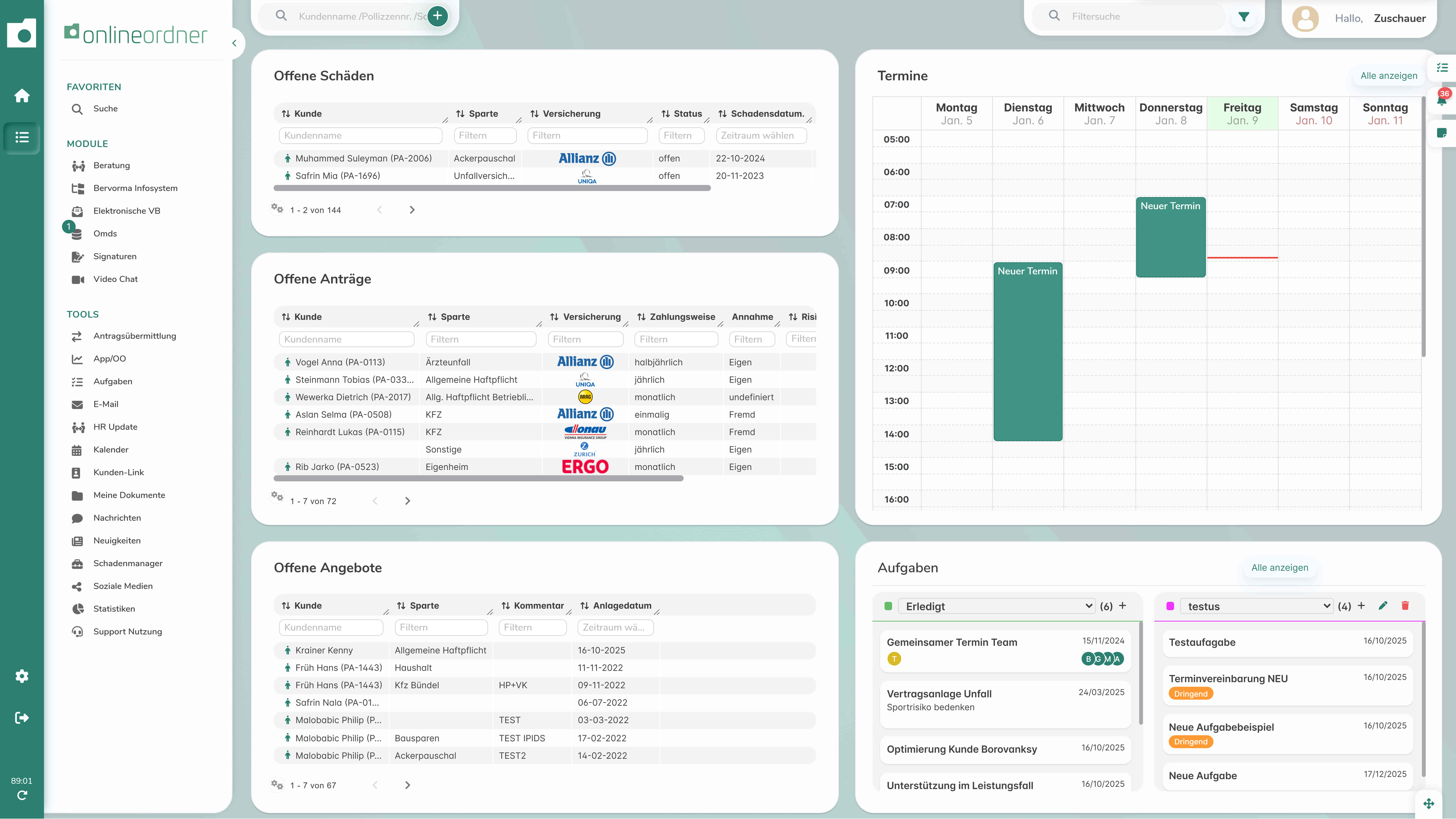 Zentrales Dashboard der OnlineOrdner Maklersoftware mit Kunden-, Vertrags- und Aufgabenübersicht