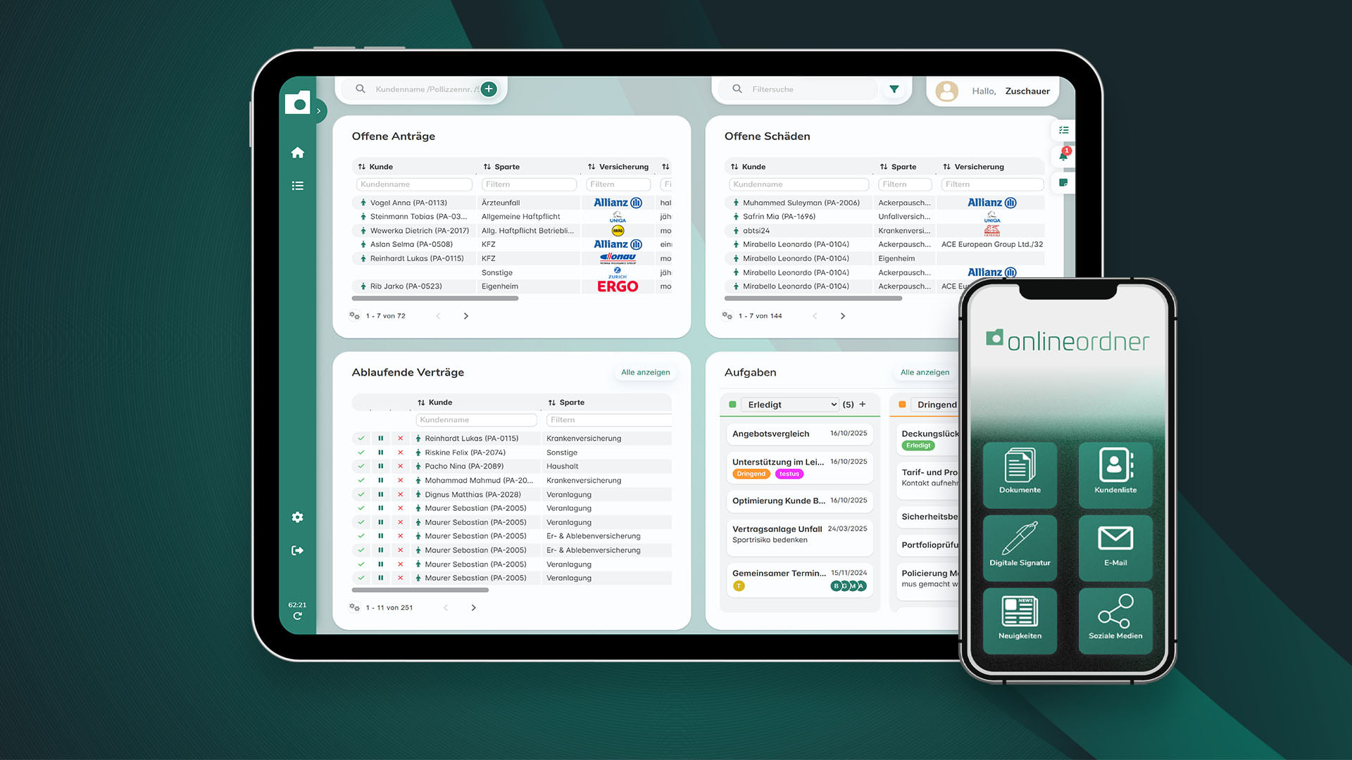 OnlineOrdner auf Tablet und Smartphone – identische Benutzeroberfläche für mobiles und stationäres Arbeiten