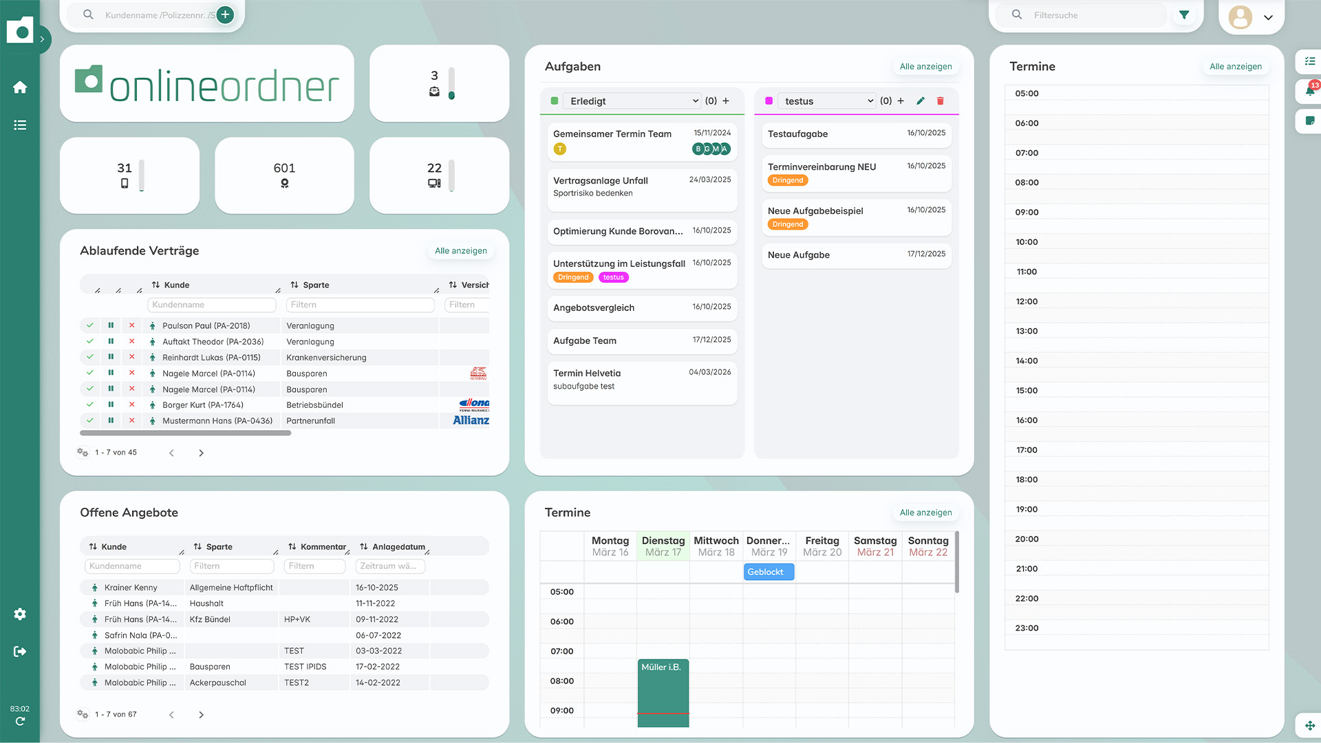 Dashboard des Online-Ordners mit Tabellen für ablaufende Verträge, Aufgaben, Termine, offene Angebote, zuletzt bearbeitete Kunden und Geburtstage.