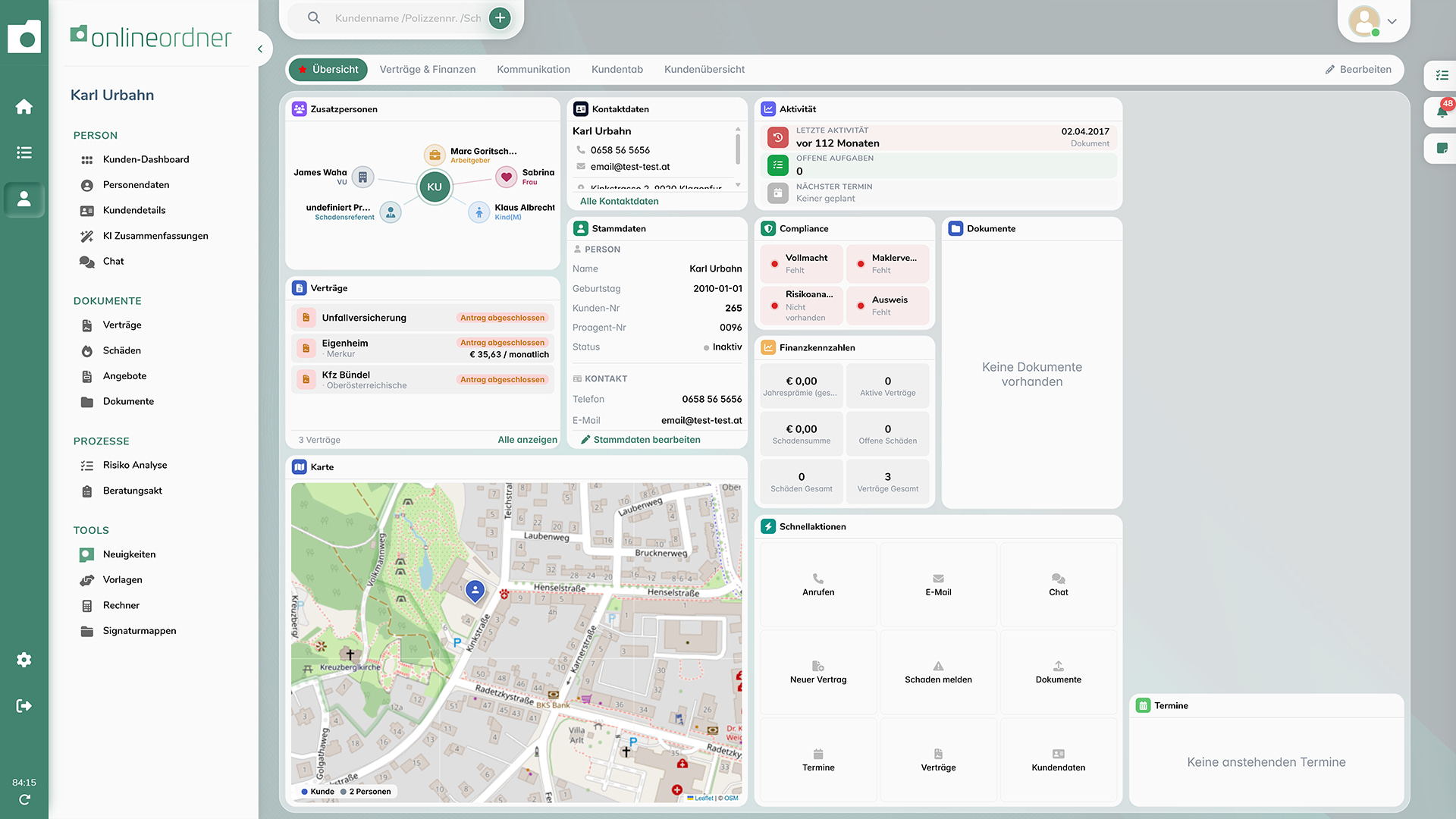 Dashboard des Online-Ordners mit Tabellen für ablaufende Verträge, Aufgaben, Termine, offene Angebote, zuletzt bearbeitete Kunden und Geburtstage.