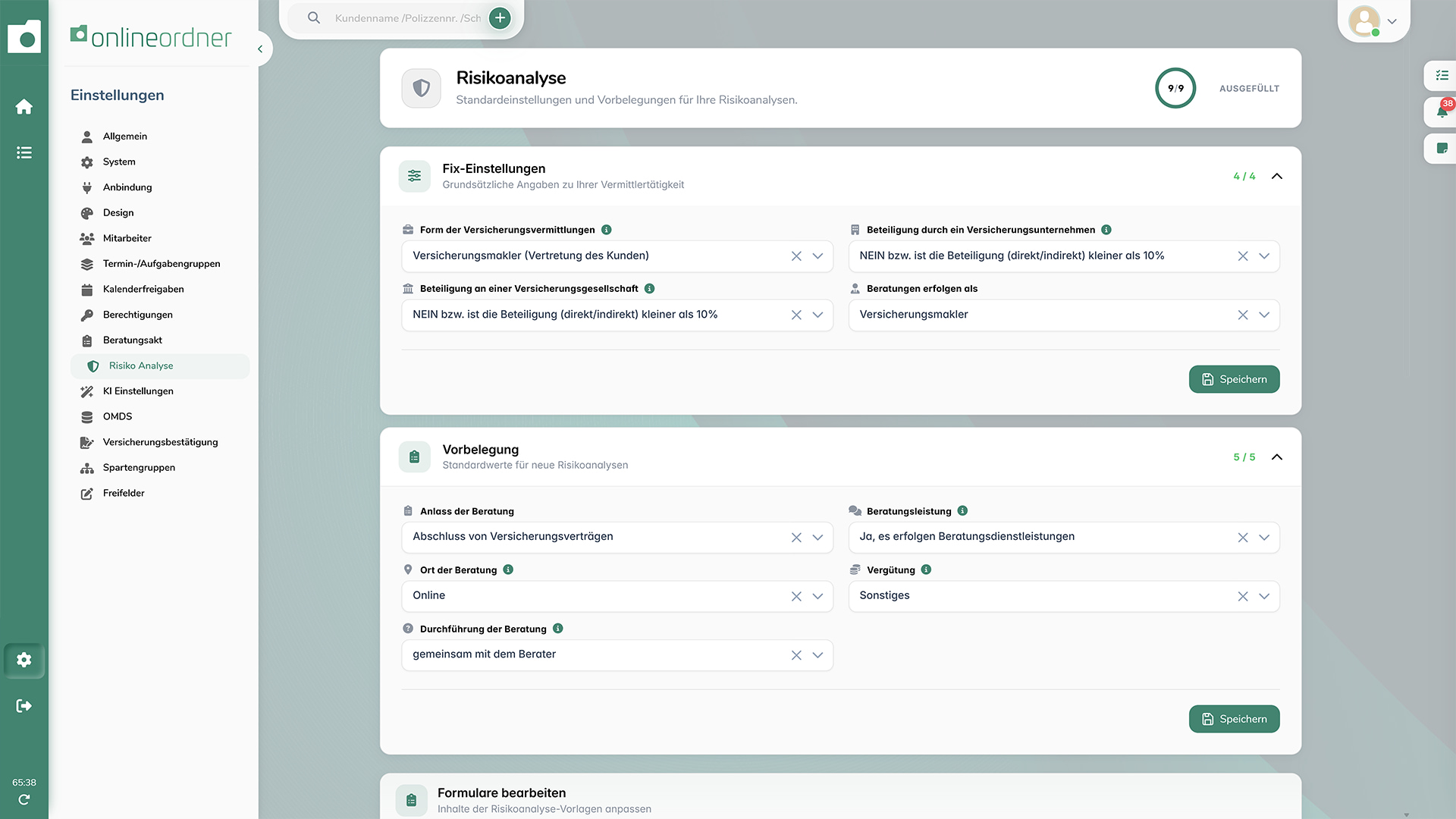 Allgemeiner Abschnitt der Risikoanalyse mit Angaben zu Beratungsart, Vergütung und besprochenen Versicherungssparten