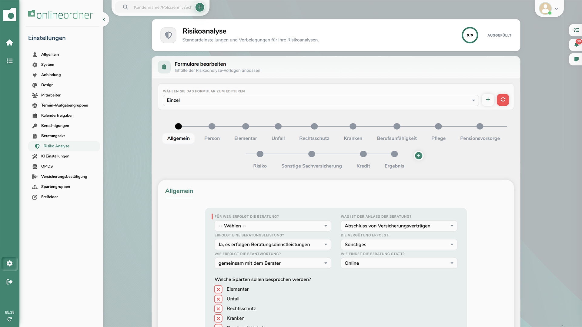 Allgemeiner Abschnitt der Risikoanalyse mit Angaben zur Beratungsart sowie Auswahl der zu besprechenden Versicherungssparten