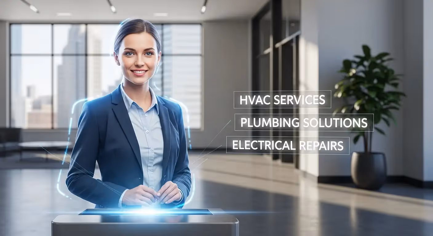 Holographic style image of a smiling woman displaying HVAC Plumbing and Electrical services
