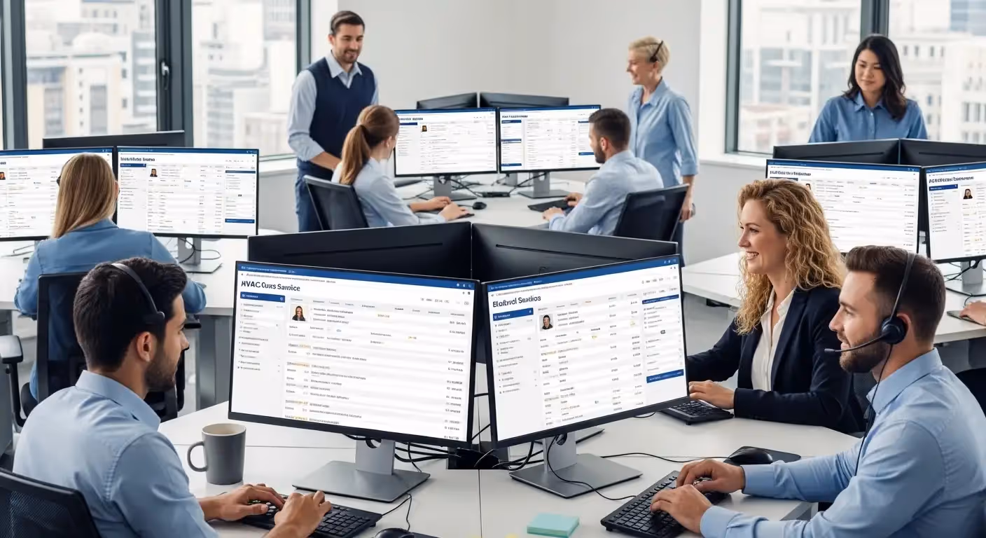 Call center staff assisting customers focused on their dual computer screens
