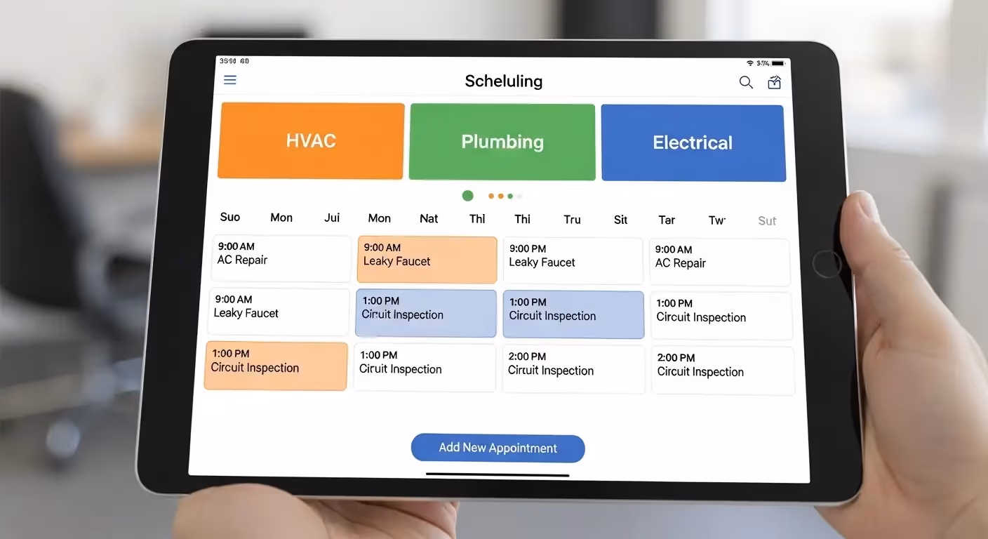 A person holds a tablet showing a scheduling app for HVAC Plumbing and Electrical services