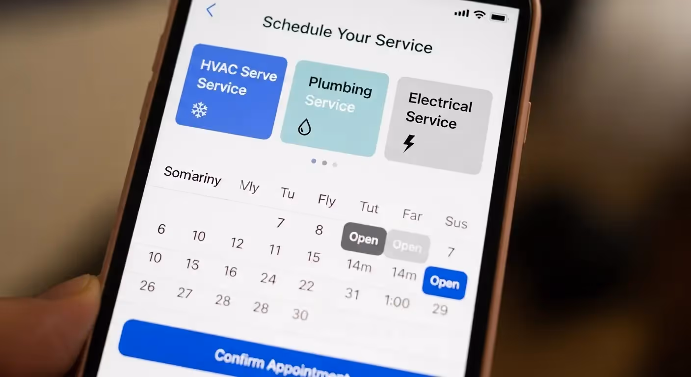 A smartphone screen showing a mobile app for scheduling HVAC Plumbing or Electrical service