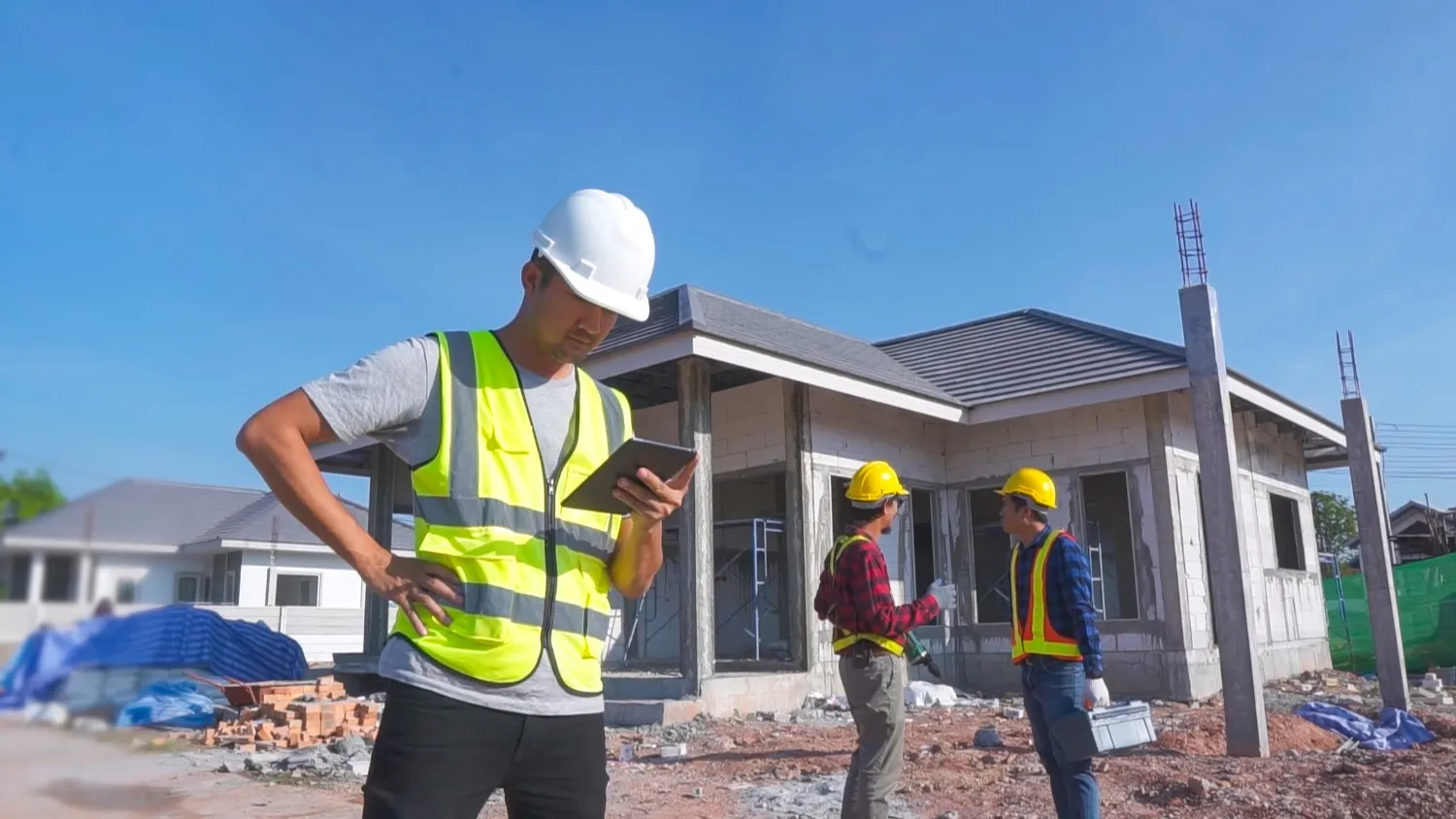  A construction supervisor in a white hard hat and a high-visibility vest stands in the foreground, looking down at a tablet he holds. In the background, two other construction workers in yellow hard hats are discussing plans near a single-story house under construction, with a clear blue sky overhead.