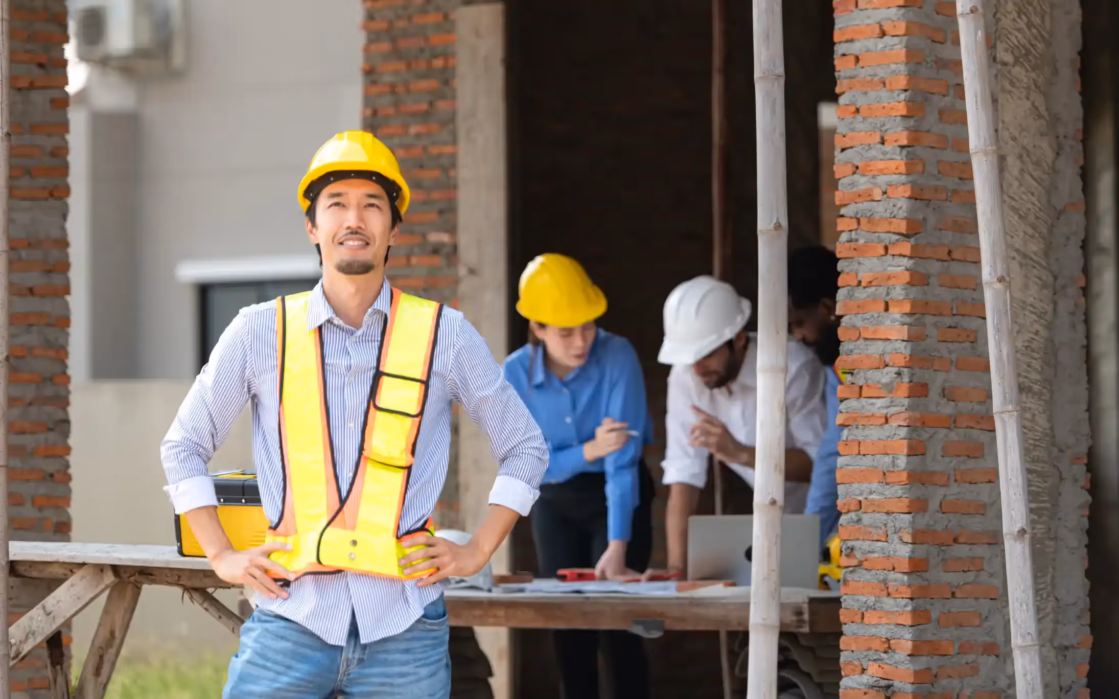 Confident Asian contractor in hardhat and vest with team reviewing plans.