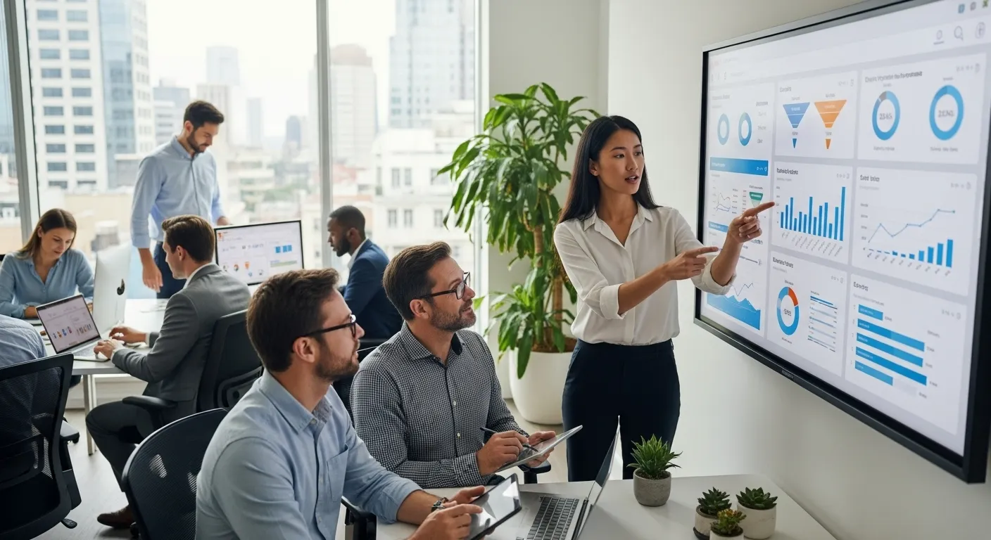 Woman presenting data dashboard to team.