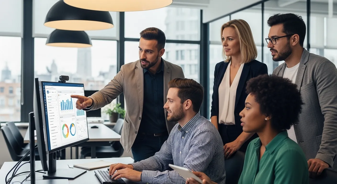 Team analyzing data on computer monitor.