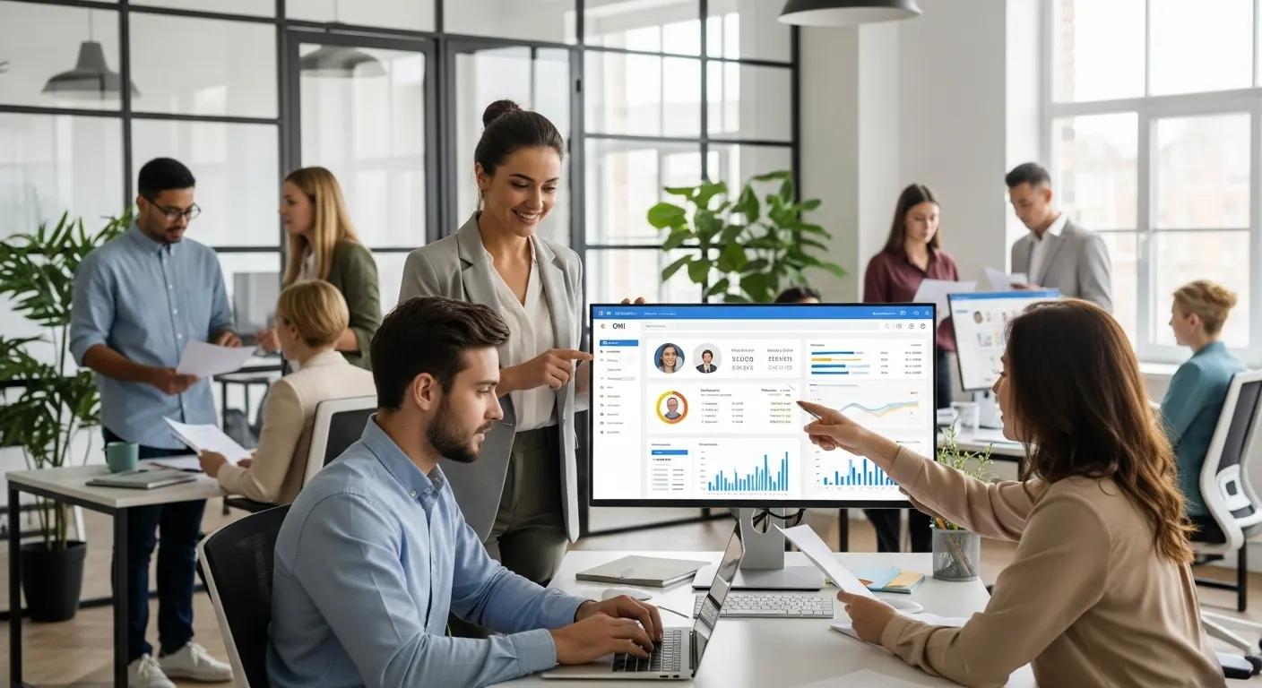 Team reviewing business dashboard on monitor.