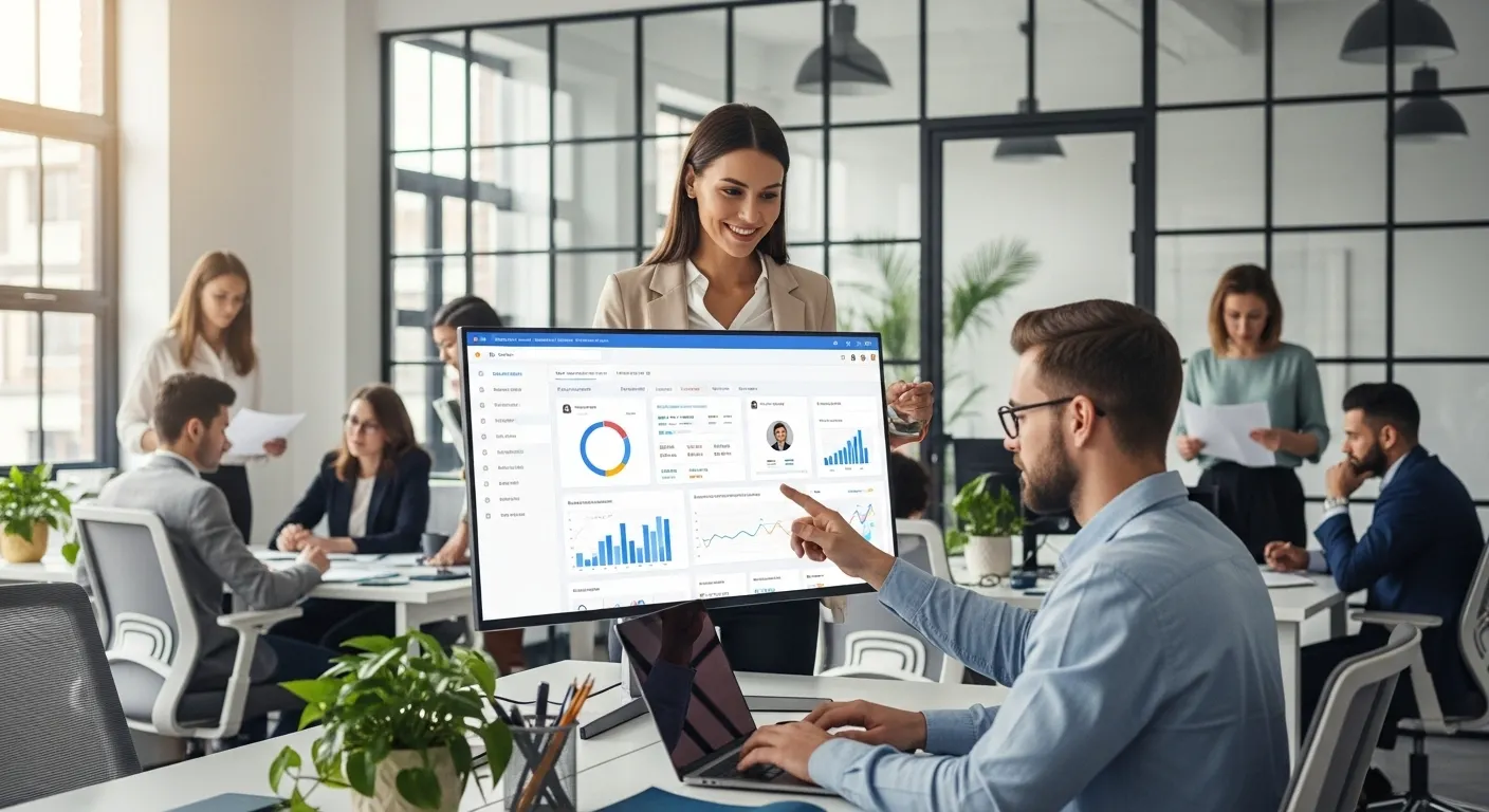 Colleagues discussing data on monitor screen.