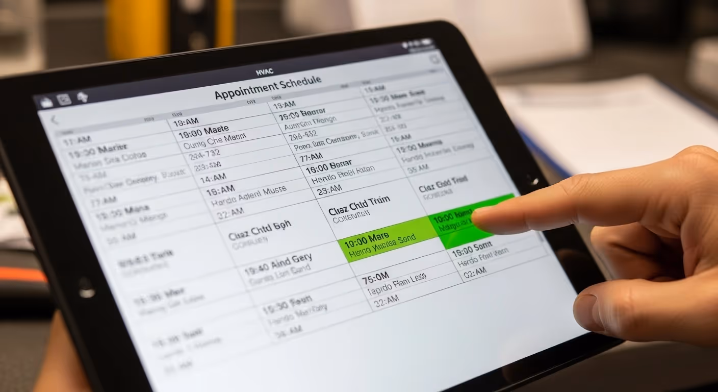  A close-up shot shows a person's hand using a tablet to view and interact with an online appointment scheduling application, titled "HVAC Appointment Schedule." The screen displays a grid of scheduled appointments, with the finger tapping or selecting an appointment slot highlighted in green for 10:00 AM. The image suggests digital management of field service technician schedules.