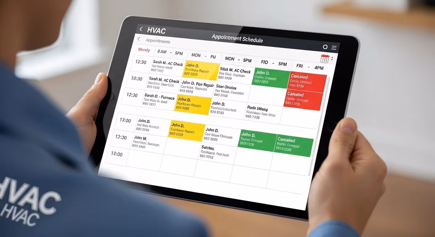 A person wearing a blue technician uniform is holding a black tablet displaying an "HVAC Appointment Schedule" application. The screen shows a grid of appointments color-coded by status: green for confirmed, yellow for repair or check, and red for canceled. The image illustrates the use of a digital platform for field service management and scheduling HVAC maintenance and repair jobs.