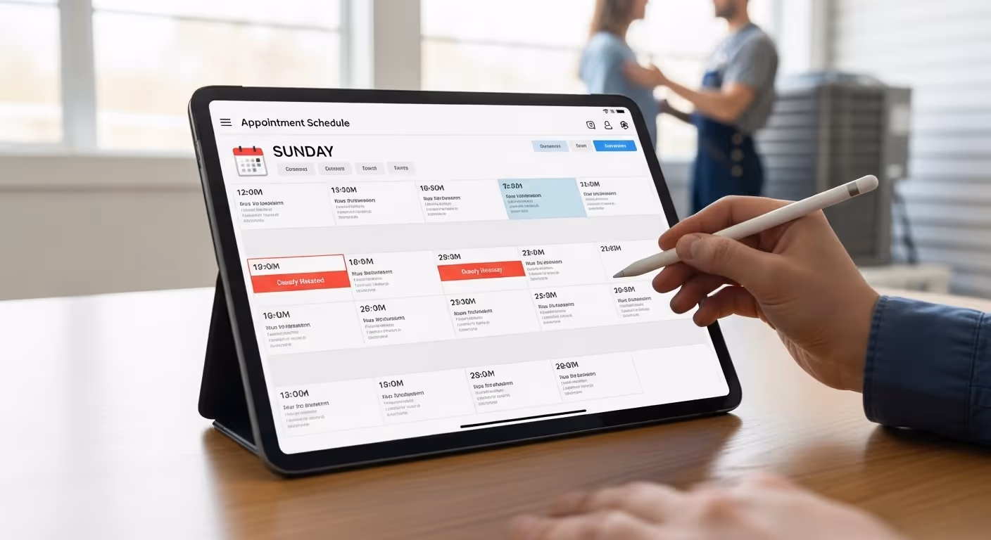A close-up shot shows a hand holding a white stylus and interacting with an appointment scheduling application displayed on a black tablet resting on a wooden desk. The application shows a calendar view for "SUNDAY" with various appointment slots, some color-coded (red for cancelled, blue for confirmed). In the blurred background, two people are standing and talking, suggesting an office or field service setting.