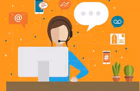 Customer service representative at a computer with headset, illustrating plumbing answering services and efficient call management.