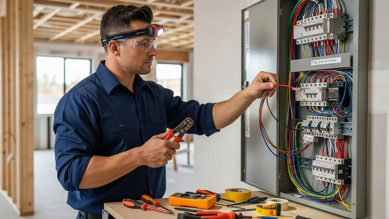 Electrician stripping wire at breaker box.
