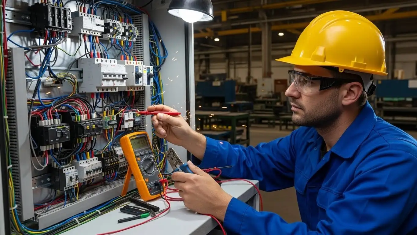 Electrician testing panel with digital multimeter.