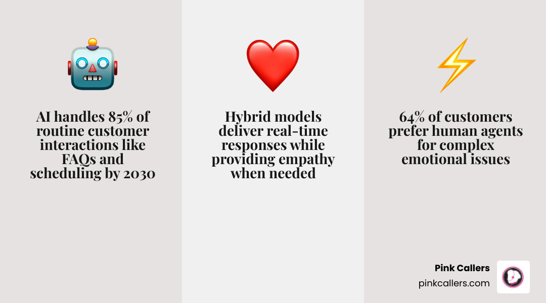 Infographic showing hybrid AI and human customer service ecosystem with AI handling routine tasks and humans managing