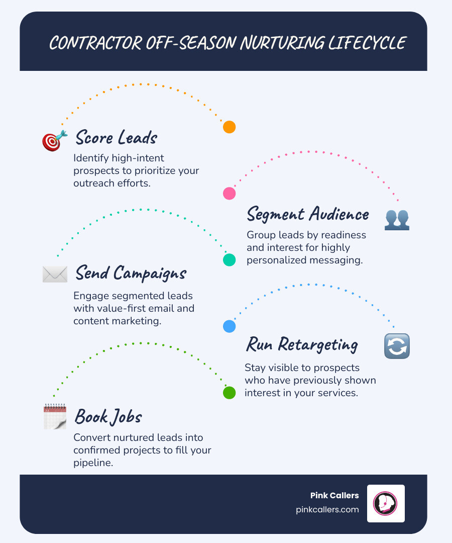Off season lead nurturing lifecycle for contractors: score leads, segment audience, send campaigns, run retargeting, book Off season lead nurturing lifecycle for contractors: score leads, segment audience, send campaigns, run retargeting, book
