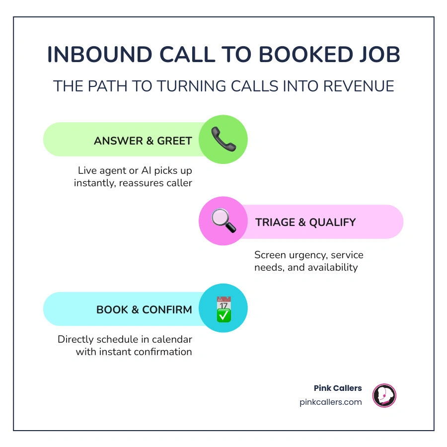 Infographic showing the path from an inbound home service call through answering, triage, and booking to a confirmed job on