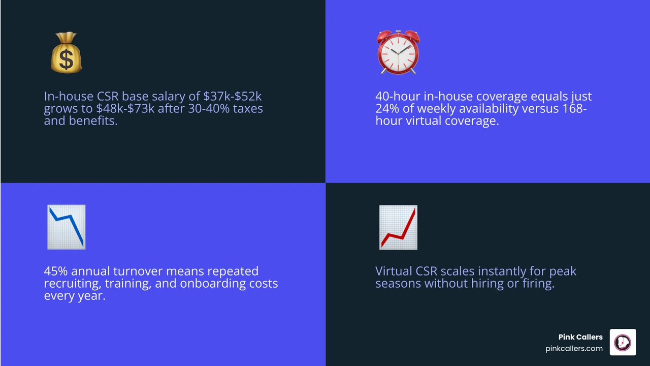Infographic comparing in-house CSR vs virtual CSR: cost, coverage hours, scalability, and turnover risk for home service Infographic comparing in-house CSR vs virtual CSR: cost, coverage hours, scalability, and turnover risk for home service