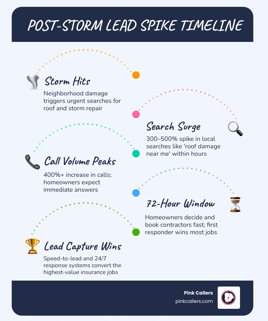 Post-storm lead spike timeline infographic showing 72-hour homeowner decision window and call volume surge stages infographic