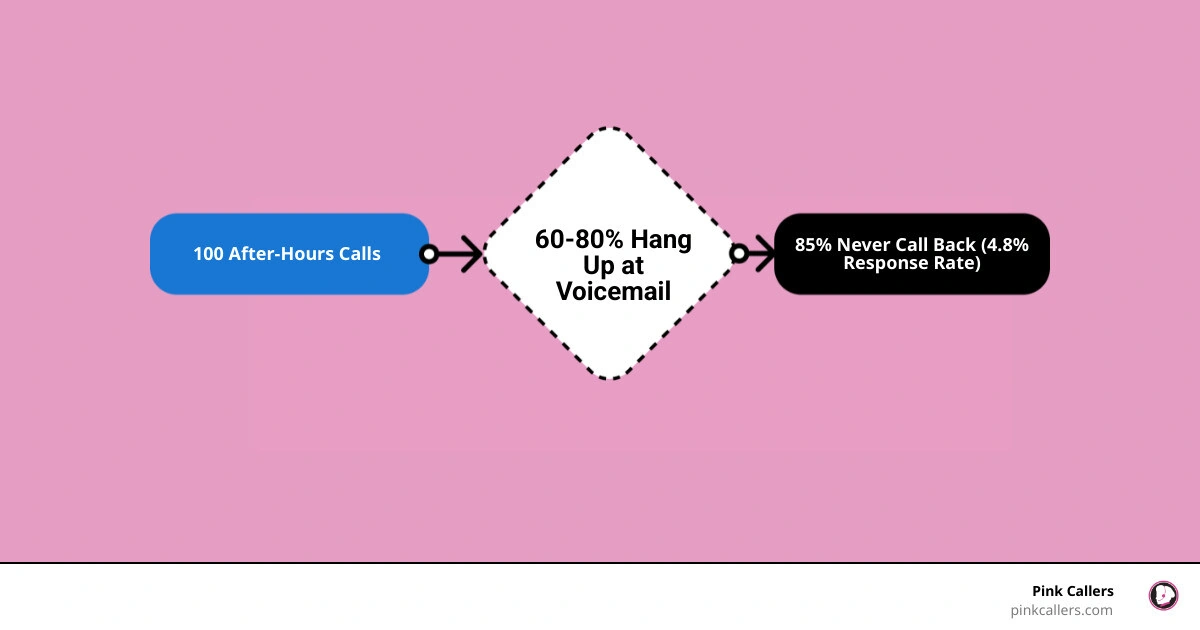 Infographic showing lead loss funnel: 100 after-hours callers, 60-80% hang up at voicemail, 85% don't call back, 4.8% Infographic showing lead loss funnel: 100 after-hours callers, 60-80% hang up at voicemail, 85% don't call back, 4.8%