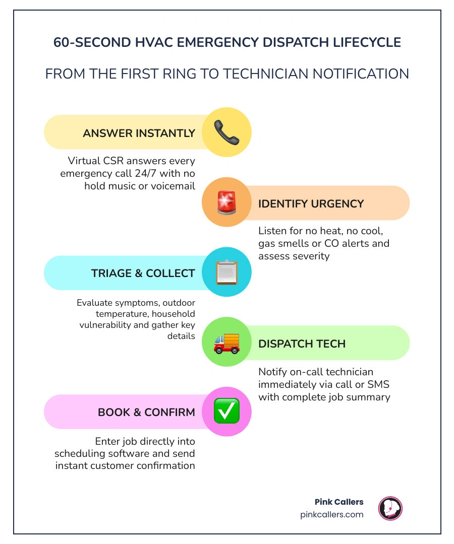 Infographic showing the 60-second HVAC emergency dispatch lifecycle from first ring to technician notification infographic Infographic showing the 60-second HVAC emergency dispatch lifecycle from first ring to technician notification infographic