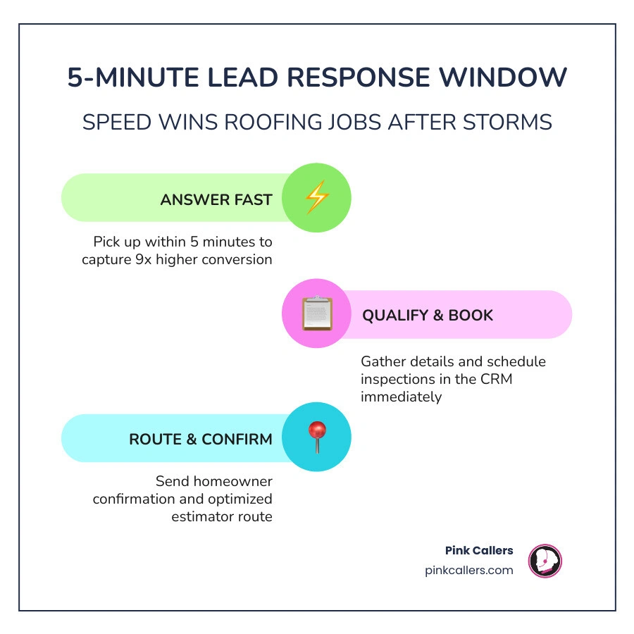 Infographic showing 5-minute lead response window: answer within 5 min = 9x conversion, 80% hang up on voicemail, 200 calls