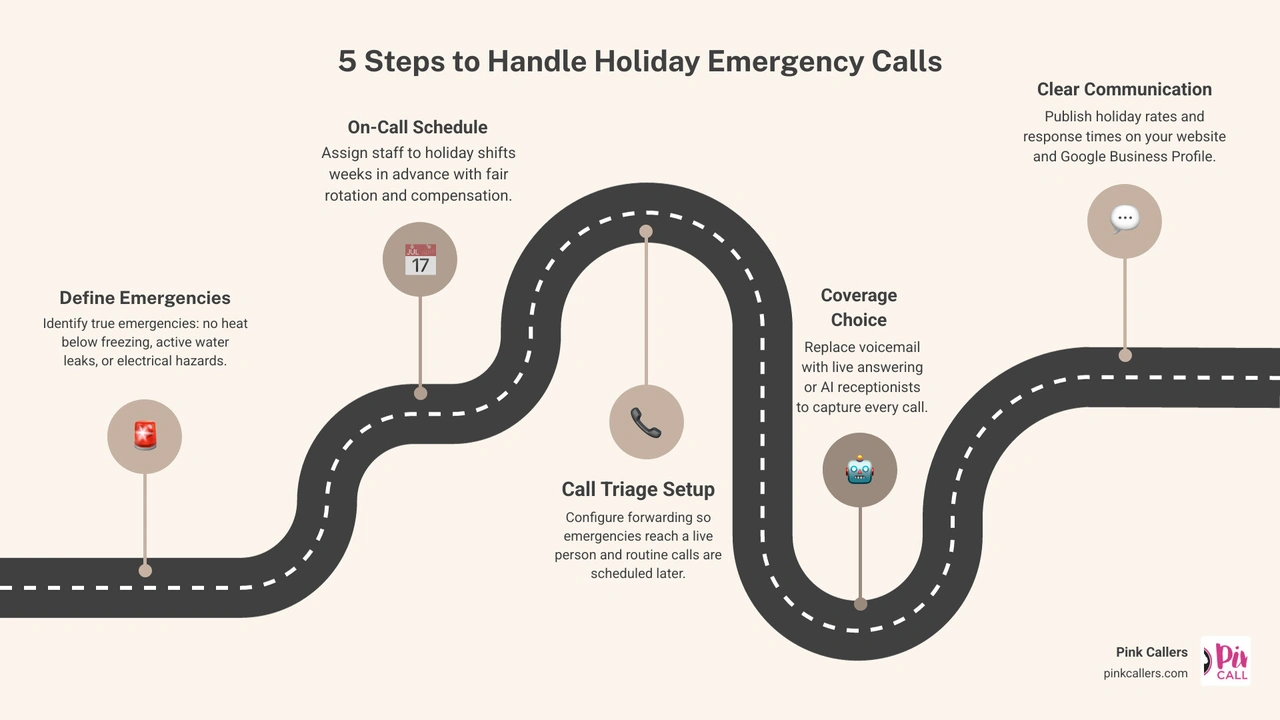 Infographic showing 5 steps to handle emergency calls during holidays for home service businesses infographic Infographic showing 5 steps to handle emergency calls during holidays for home service businesses infographic