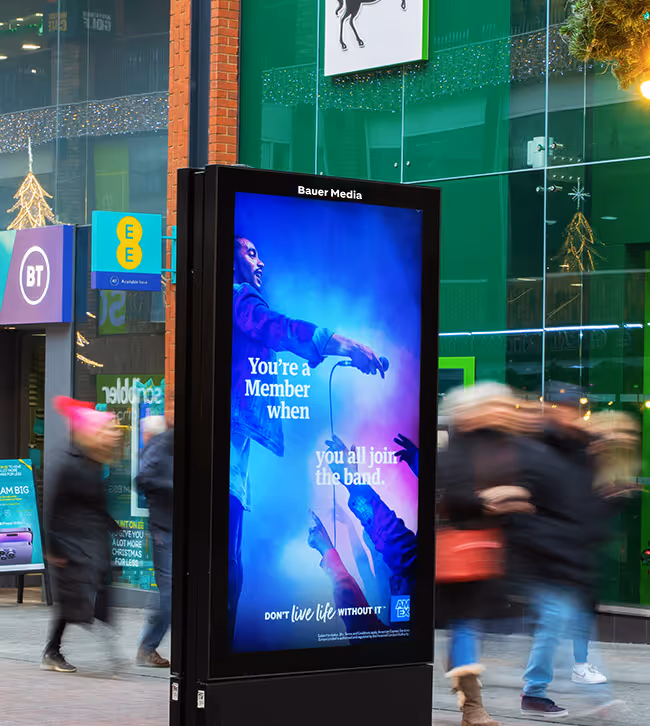 High street digital screen featuring blue and purple colours outside of Lloyds bank