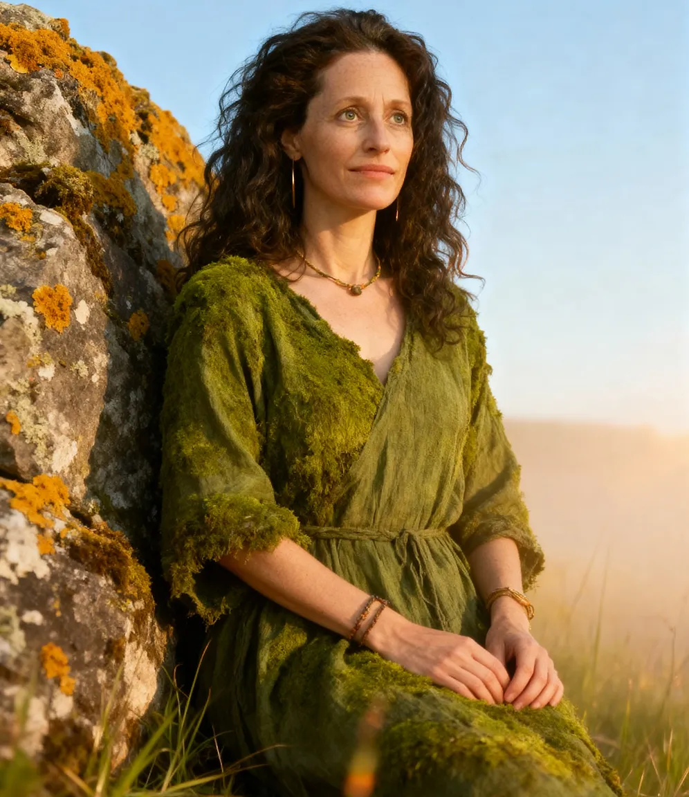 Woman with curly hair wearing a green textured dress, sitting outdoors by a moss-covered rock during golden hour.