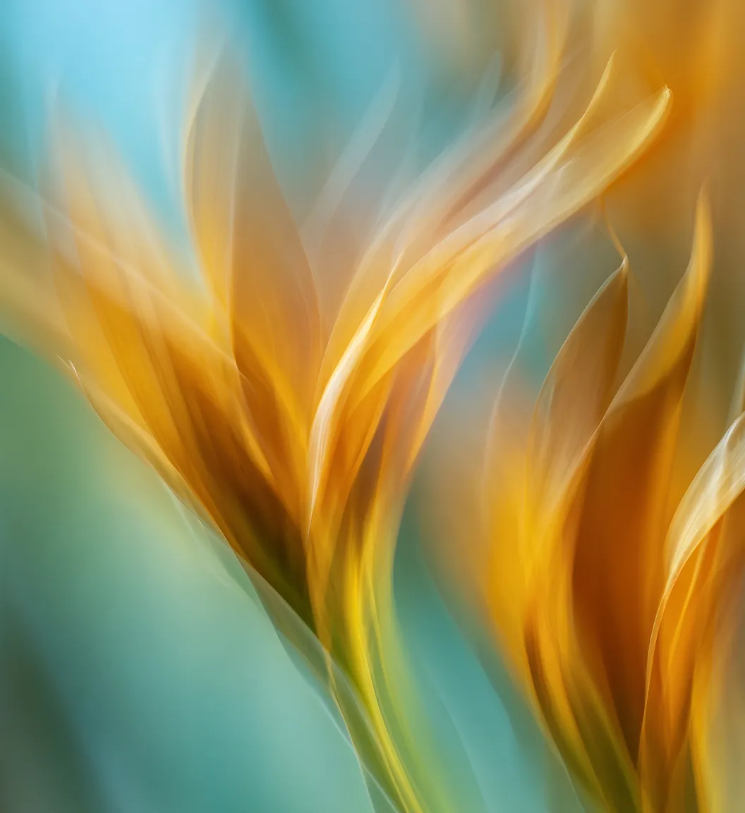 Abstract close-up of yellow and orange flower petals against a soft blue and green background.